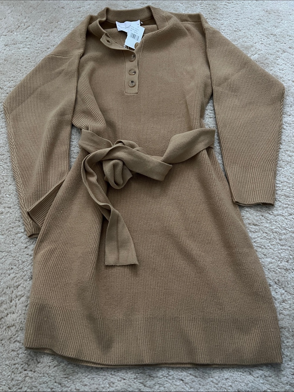 Charles Henry Camel Knit Long-Sleeve Belted Sweater Dress